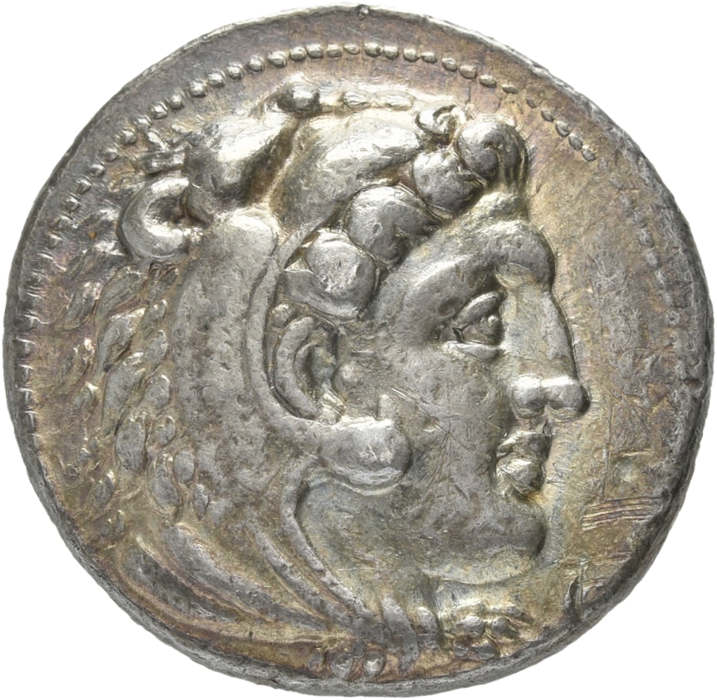 PRICE 3034 Alexander III obverse, Head of beardless Heracles right wearing lion skin headdress