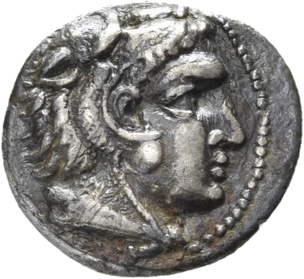 PRICE 3088 Alexander III obverse — Head of beardless Heracles right wearing lion skin headdress