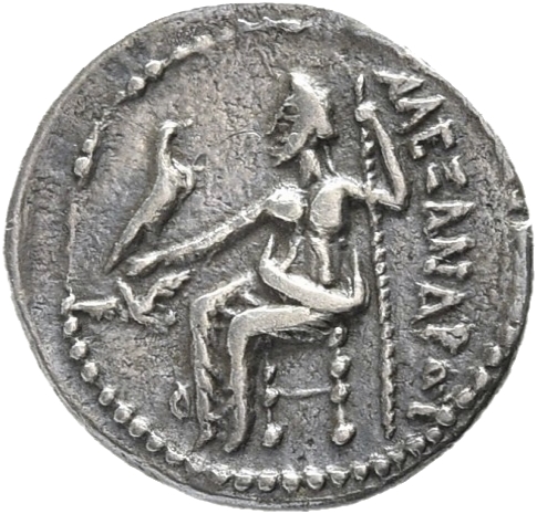 PRICE 3089 Alexander III reverse — Zeus seated on stool-throne left, eagle on outstretched right hand, sceptre in left hand
