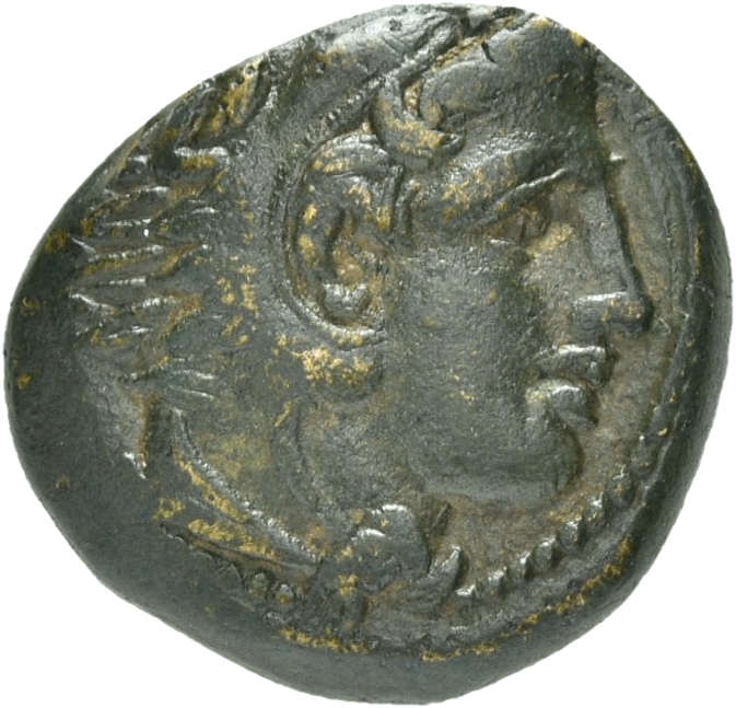 PRICE 310 Alexander III obverse, Head of beardless Heracles right wearing lion skin headdress