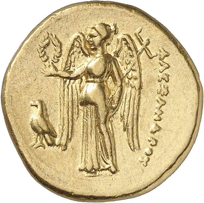 PRICE 3126 Alexander III reverse, Nike standing left holding wreath in right hand, and stylis in her left hand