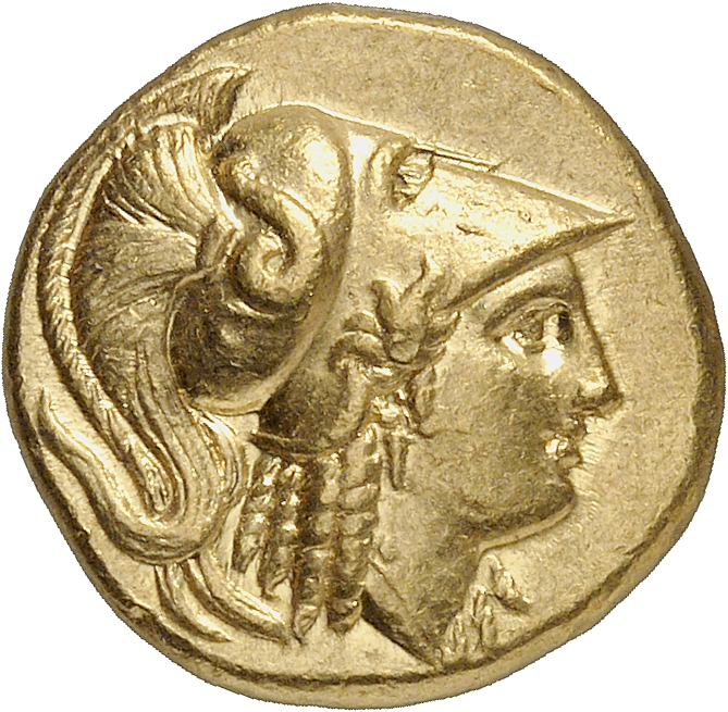 PRICE 3129 Alexander III obverse, Head of Athena right wearing Corinthian helmet with crest