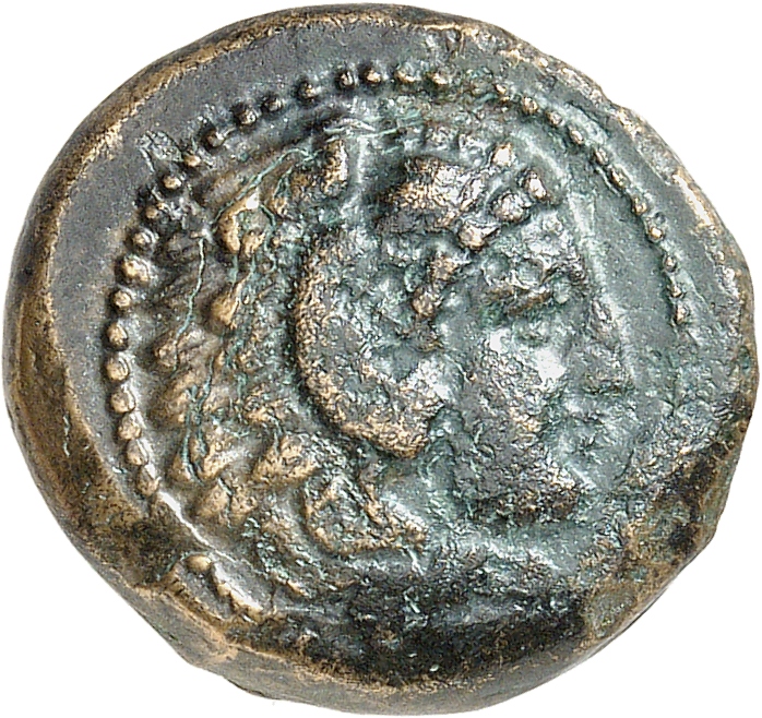 PRICE 313 Alexander III obverse, Head of beardless Heracles right wearing lion skin headdress