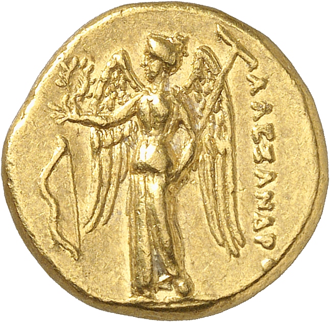 PRICE 3138 Alexander III reverse — Nike standing left holding wreath in right hand, and stylis in her left hand