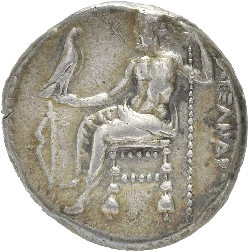 PRICE 3139 Alexander III reverse — Zeus seated on stool-throne left, eagle on outstretched right hand, sceptre in left hand