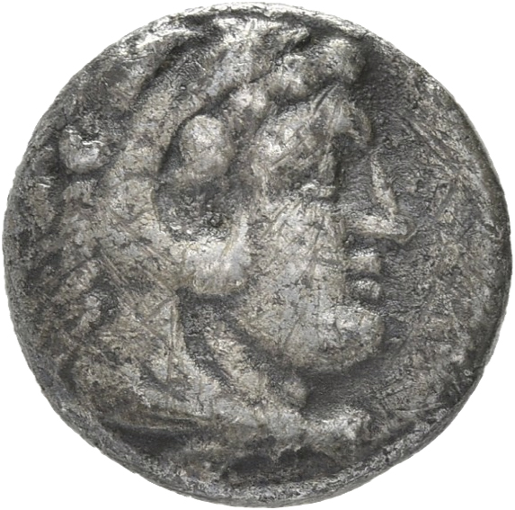 PRICE 3140 Alexander III obverse, Head of beardless Heracles right wearing lion skin headdress