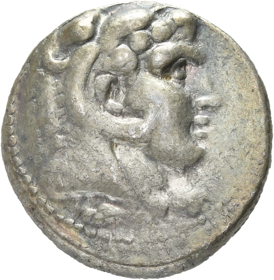 PRICE 3142 Alexander III obverse, Head of beardless Heracles right wearing lion skin headdress