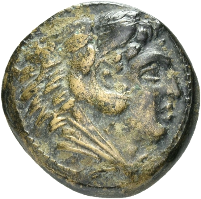 PRICE 319 Alexander III obverse, Head of beardless Heracles right wearing lion skin headdress