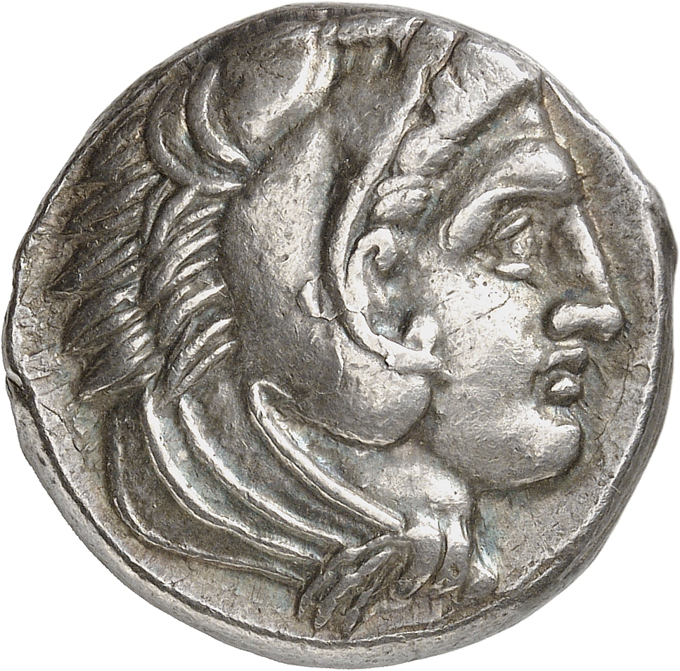 PRICE 32 Alexander III obverse, Head of beardless Heracles right wearing lion skin headdress