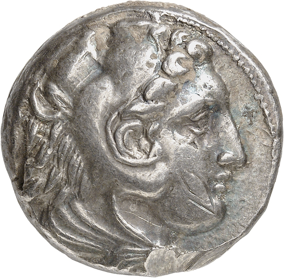 PRICE 32 Alexander III obverse — Head of beardless Heracles right wearing lion skin headdress