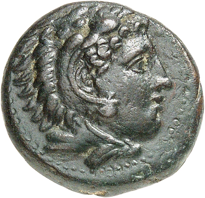 PRICE 321 Alexander III obverse — Head of beardless Heracles right wearing lion skin headdress