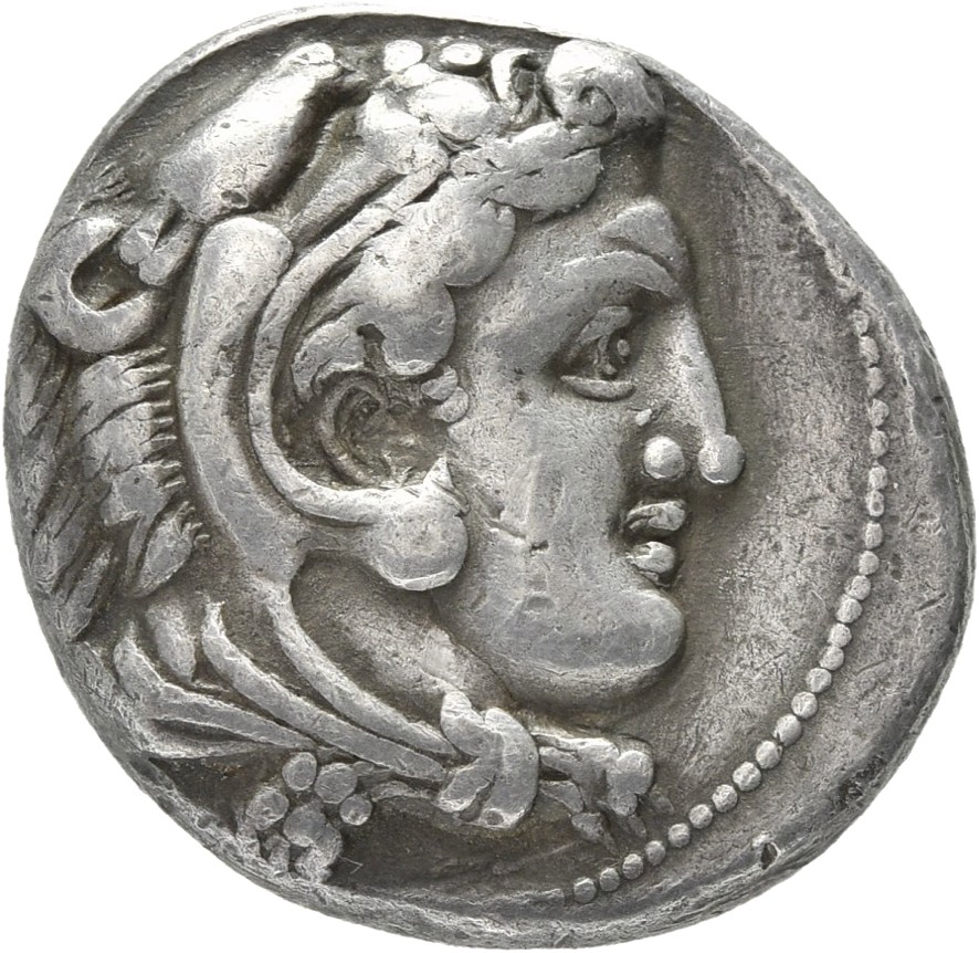 PRICE 3217 Alexander III obverse, Head of beardless Heracles right wearing lion skin headdress