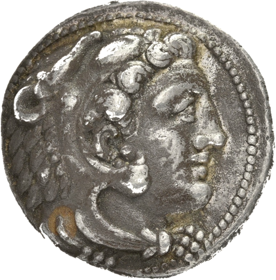 PRICE 3219 Alexander III obverse — Head of beardless Heracles right wearing lion skin headdress