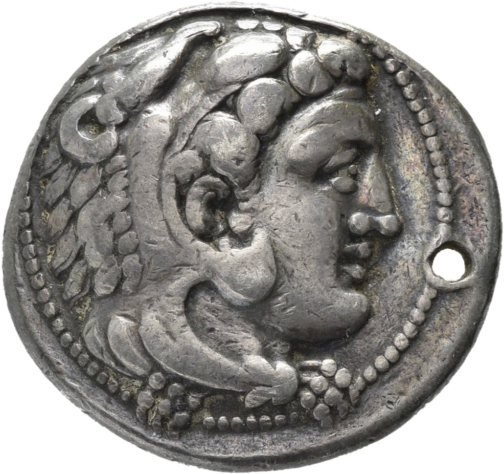 PRICE 3221 Alexander III obverse — Head of beardless Heracles right wearing lion skin headdress