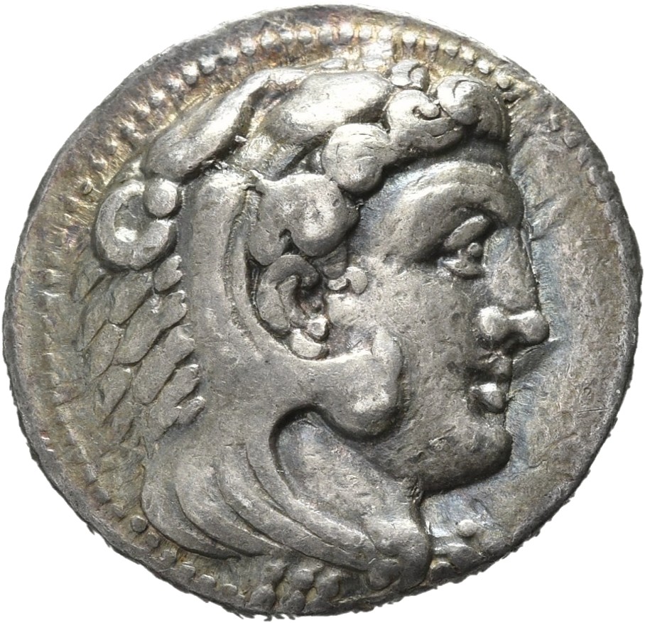 PRICE 3223 Alexander III obverse, Head of beardless Heracles right wearing lion skin headdress