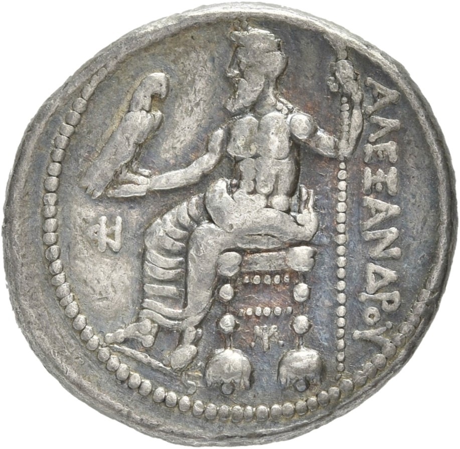 PRICE 3223 Alexander III reverse — Zeus seated on stool-throne left, eagle on outstretched right hand, sceptre in left hand