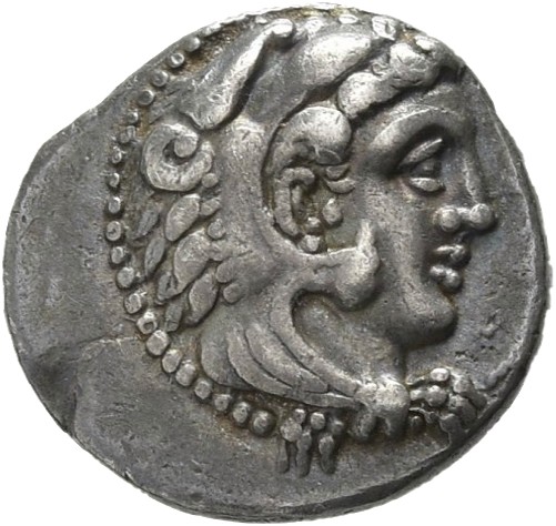 PRICE 3226 Alexander III obverse — Head of beardless Heracles right wearing lion skin headdress