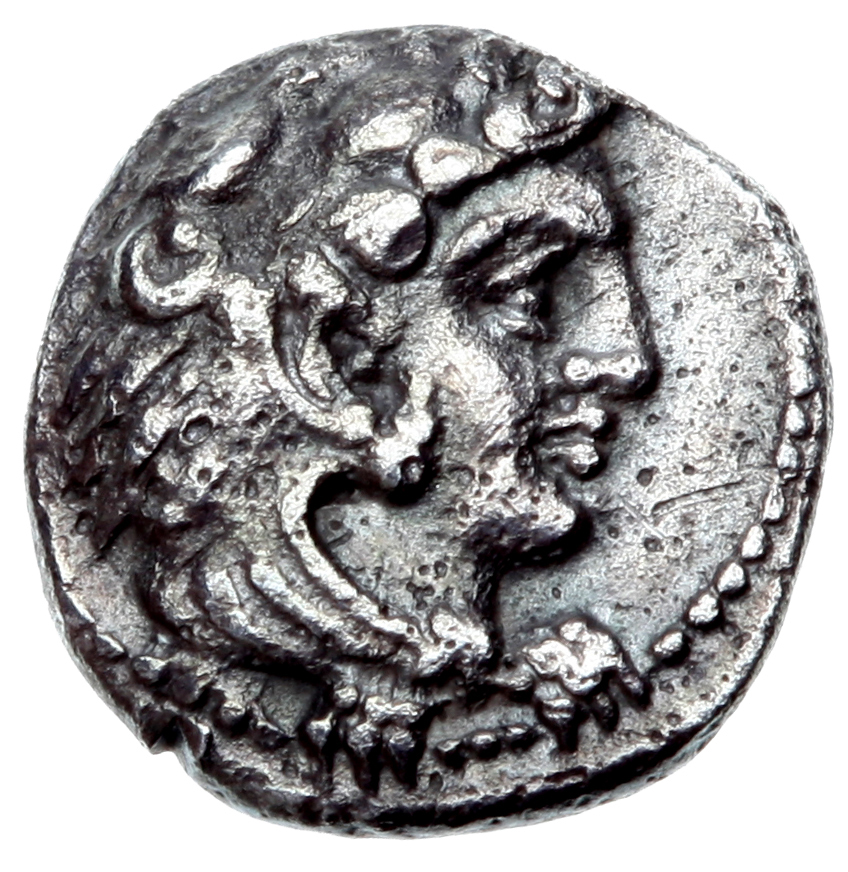 PRICE 3227 Alexander III obverse — Head of beardless Heracles right wearing lion skin headdress