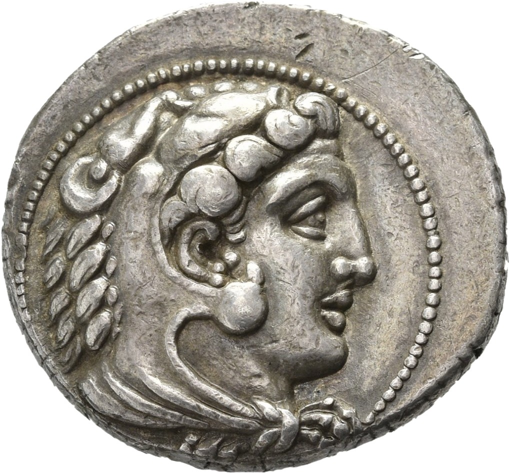 PRICE 3228 Alexander III obverse, Head of beardless Heracles right wearing lion skin headdress