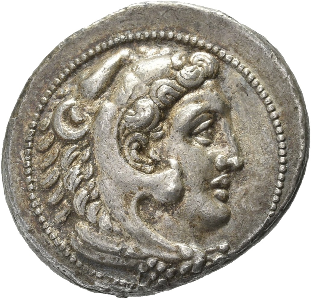 PRICE 3228 Alexander III obverse — Head of beardless Heracles right wearing lion skin headdress