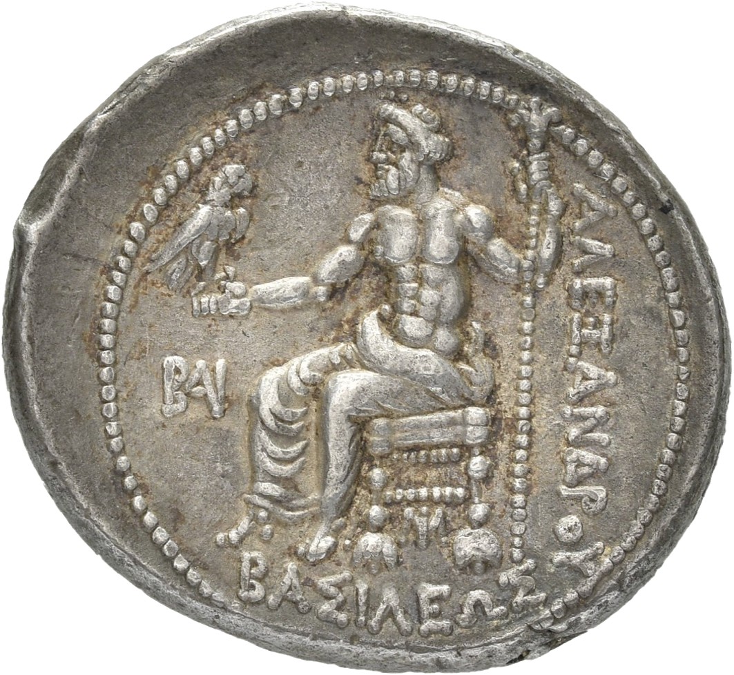 PRICE 3228 Alexander III reverse — Zeus seated on stool-throne left, eagle on outstretched right hand, sceptre in left hand