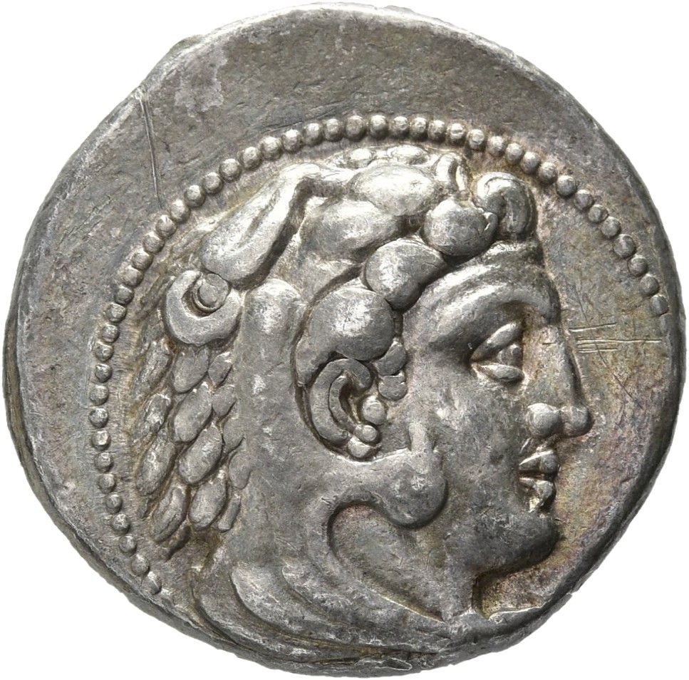 PRICE 3229 Alexander III obverse, Head of beardless Heracles right wearing lion skin headdress