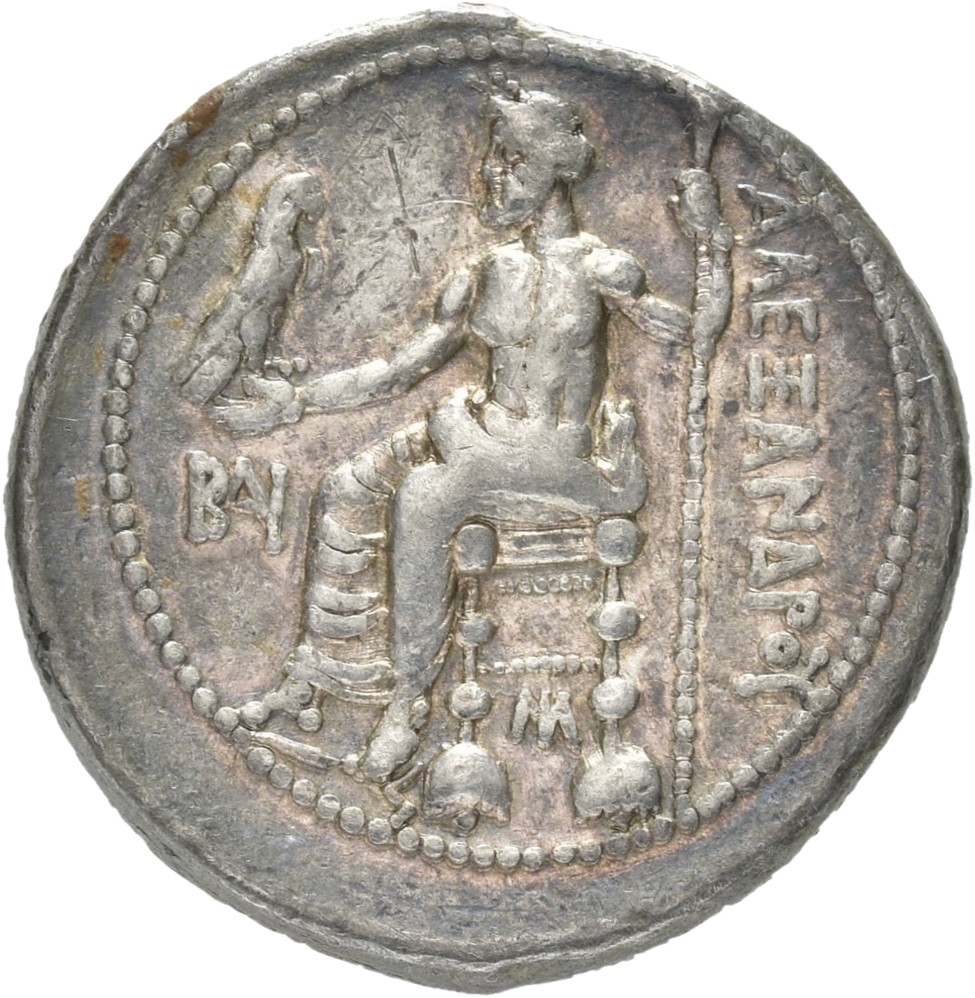 PRICE 3229 Alexander III reverse — Zeus seated on stool-throne left, eagle on outstretched right hand, sceptre in left hand