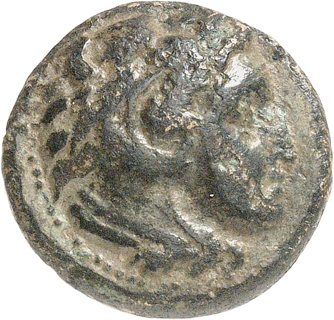PRICE 323 Alexander III obverse, Head of beardless Heracles right wearing lion skin headdress