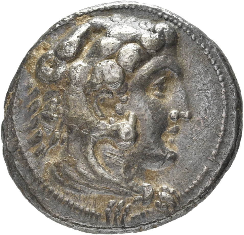 PRICE 3230 Alexander III obverse — Head of beardless Heracles right wearing lion skin headdress
