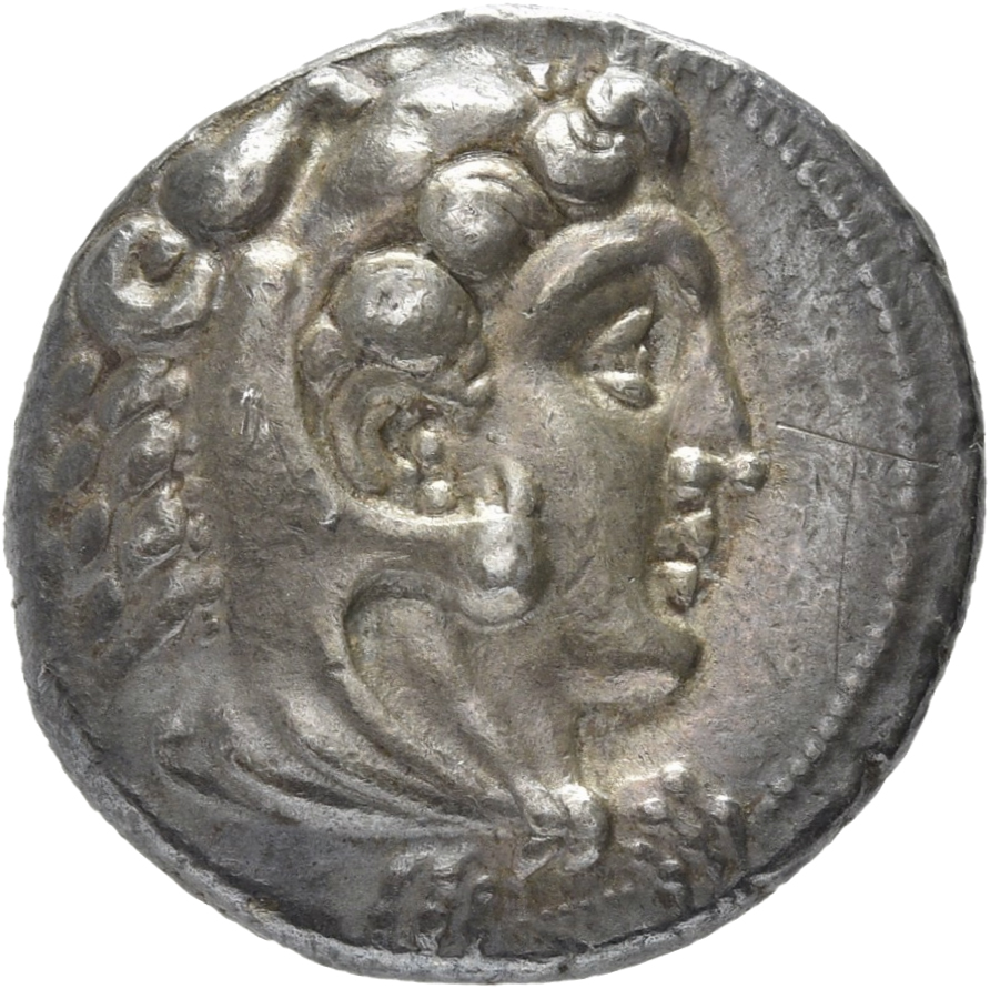PRICE 3231A Alexander III obverse — Head of beardless Heracles right wearing lion skin headdress