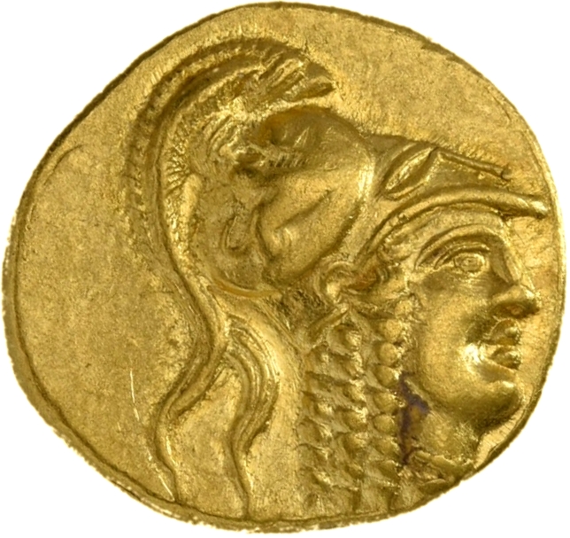 PRICE 3242 Alexander III obverse, Head of Athena right wearing Corinthian helmet with crest; griffin on bowl of helmet