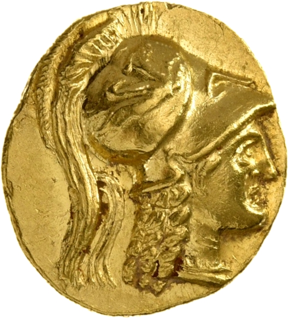 PRICE 3243 Alexander III obverse, Head of Athena right wearing Corinthian helmet with crest; griffin on bowl of helmet