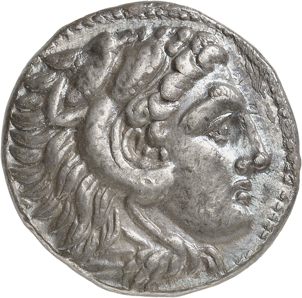 PRICE 3244 Alexander III obverse, Head of beardless Heracles right wearing lion skin headdress