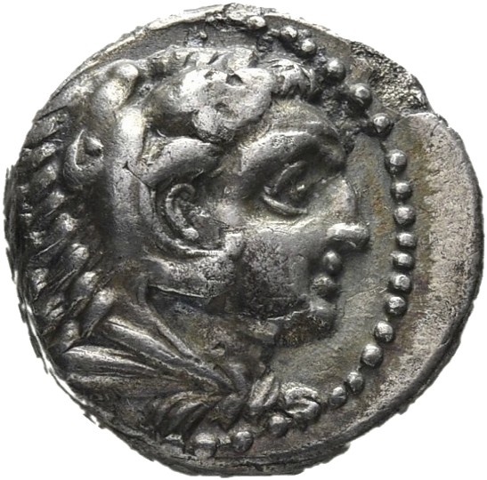 PRICE 3245 Alexander III obverse — Head of beardless Heracles right wearing lion skin headdress