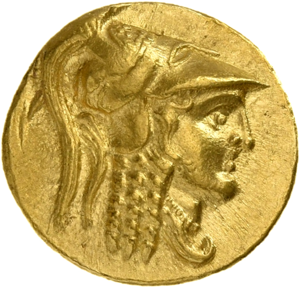 PRICE 3247 Alexander III obverse, Head of Athena right wearing Corinthian helmet with crest; griffin on bowl of helmet