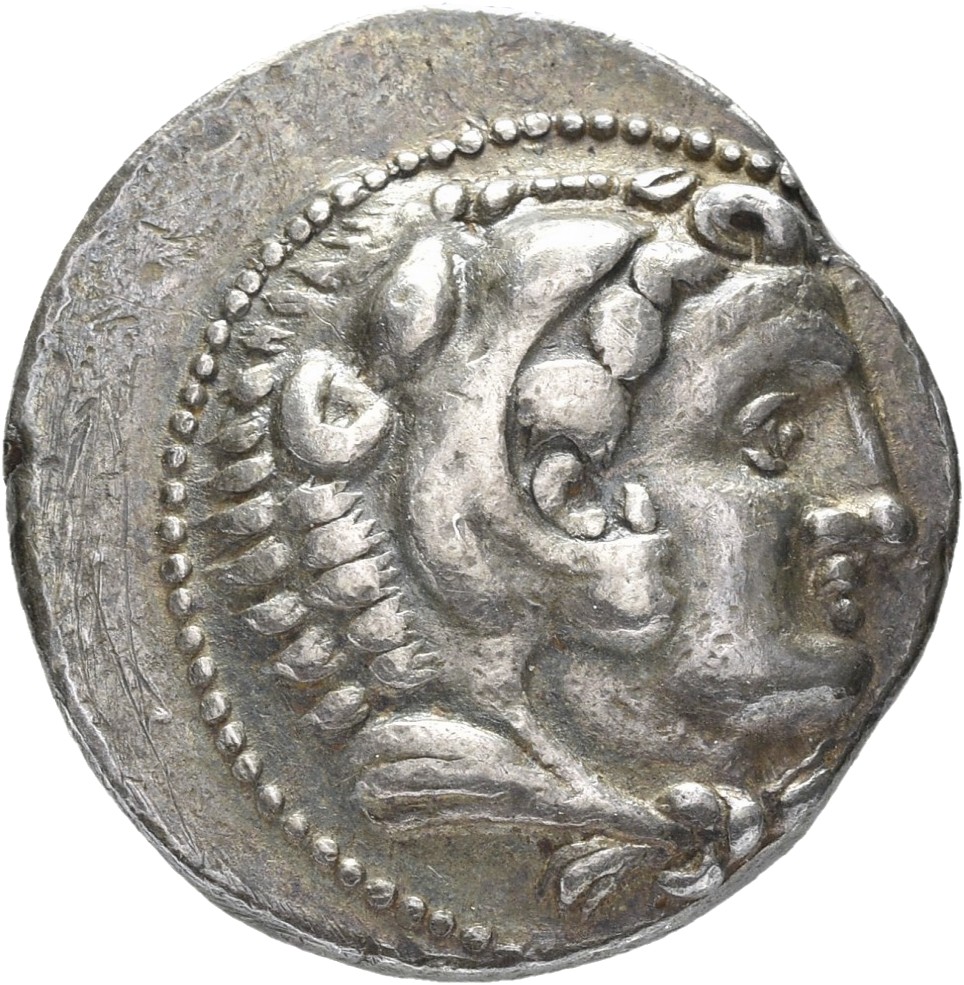 PRICE 3248 Alexander III obverse, Head of beardless Heracles right wearing lion skin headdress