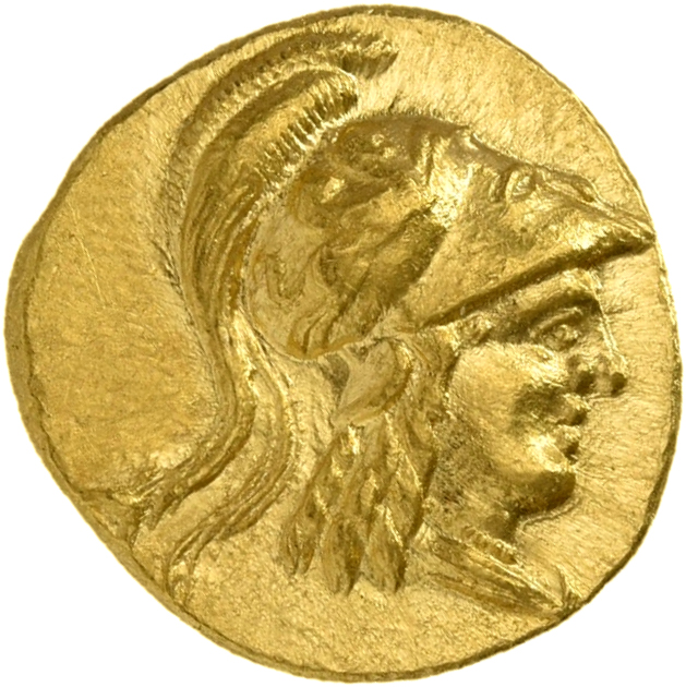 PRICE 3251 Alexander III obverse, Head of Athena right wearing Corinthian helmet with crest; griffin on bowl of helmet