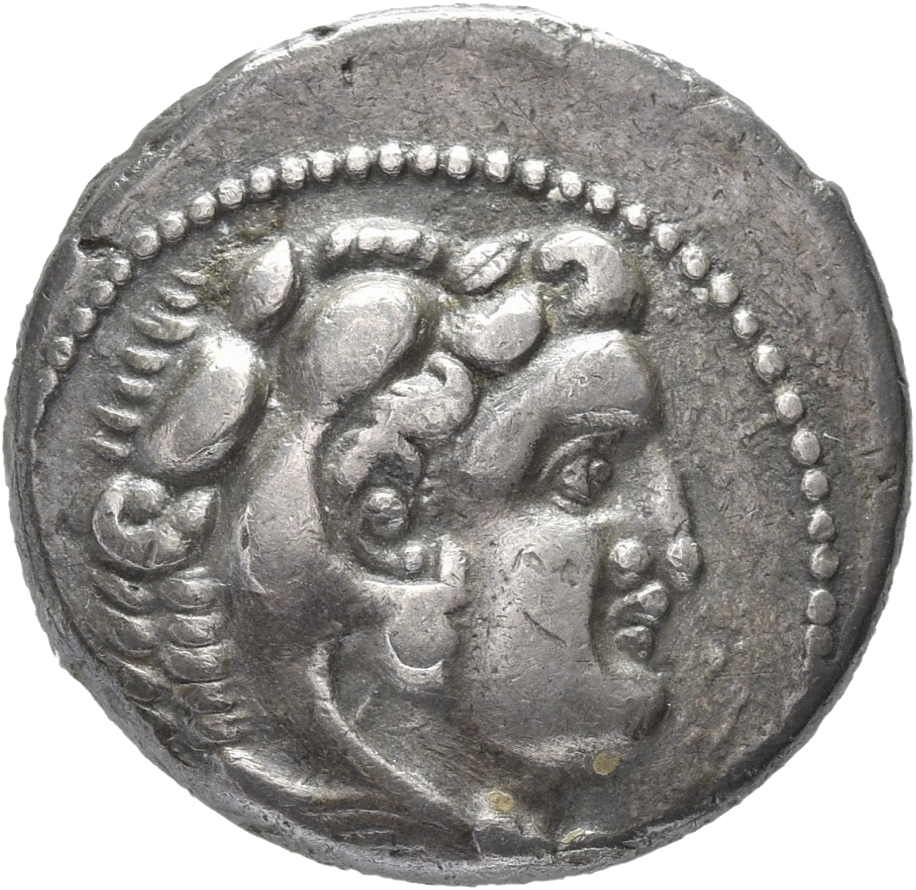 PRICE 3254 Alexander III obverse, Head of beardless Heracles right wearing lion skin headdress