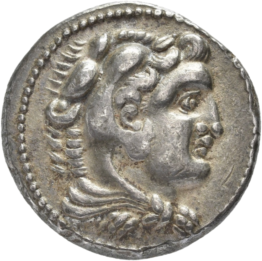 PRICE 3254 Alexander III obverse — Head of beardless Heracles right wearing lion skin headdress