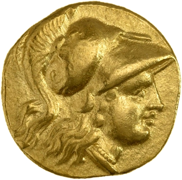 PRICE 3257 Alexander III obverse, Head of Athena right wearing Corinthian helmet with crest; griffin on bowl of helmet