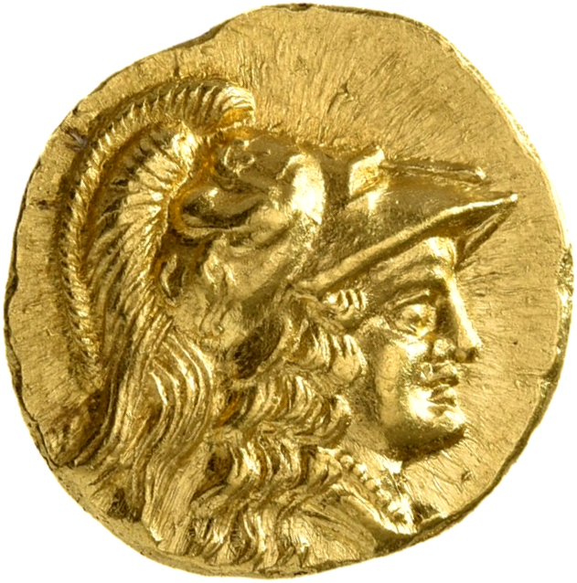 PRICE 3258 Alexander III obverse, Head of Athena right wearing Corinthian helmet with crest; griffin on bowl of helmet