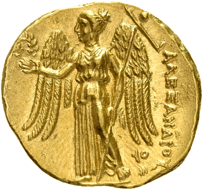 PRICE 3258 Alexander III reverse — Nike standing left holding wreath in right hand, and stylis in her left hand