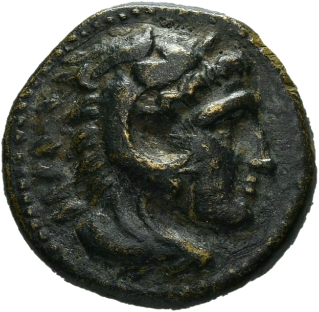 PRICE 326 Alexander III obverse, Head of beardless Heracles right wearing lion skin headdress