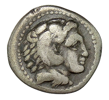 PRICE 34 Alexander III obverse, Head of beardless Heracles right wearing lion skin headdress