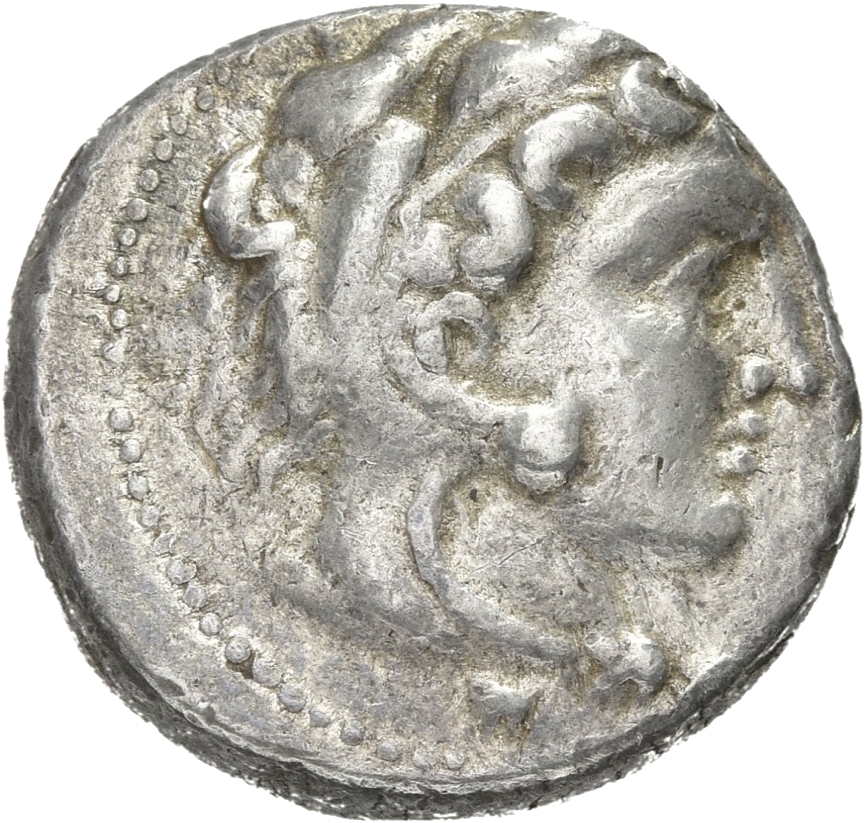 PRICE 3468 Alexander III obverse — Head of beardless Heracles right wearing lion skin headdress