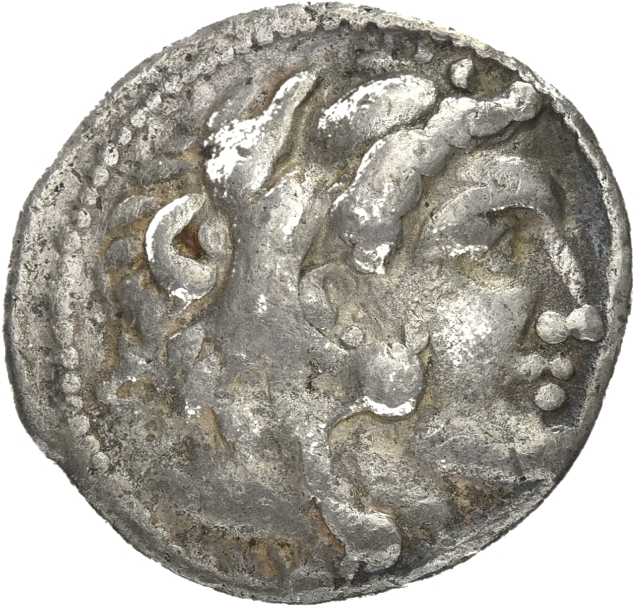 PRICE 3485 Alexander III obverse — Head of beardless Heracles right wearing lion skin headdress