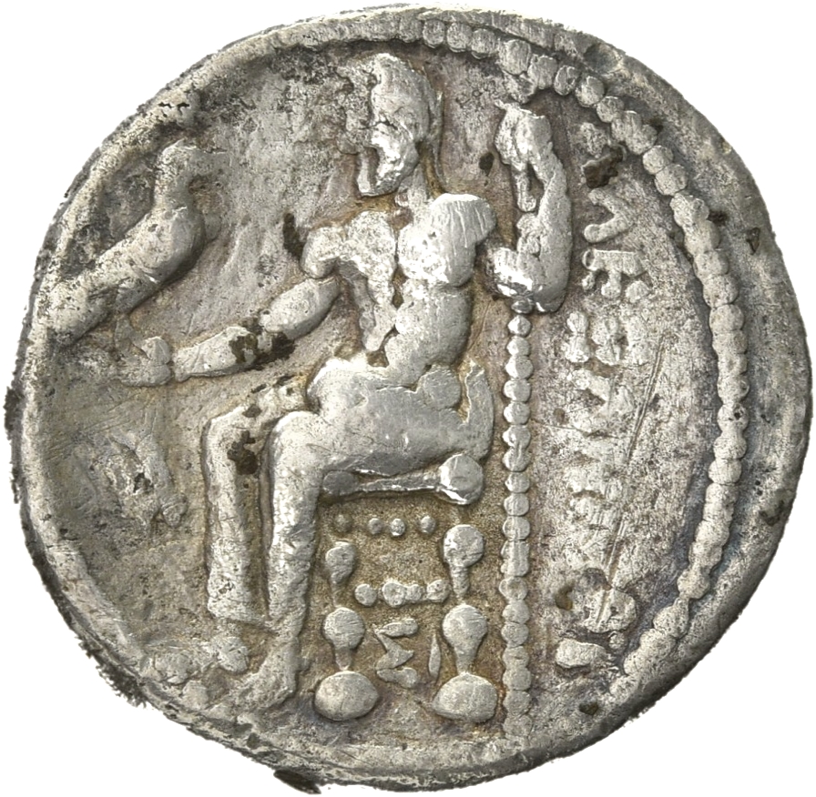 PRICE 3485 Alexander III reverse — Zeus seated on stool-throne left, eagle on outstretched right hand, sceptre in left hand
