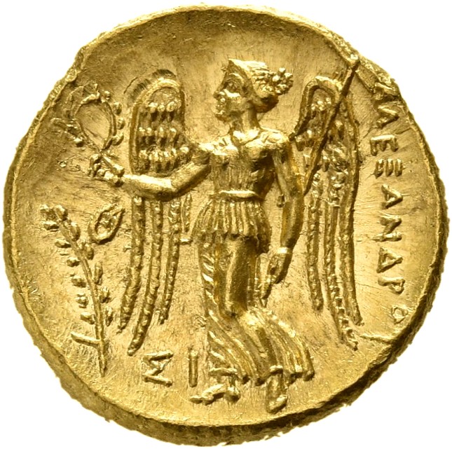 PRICE 3486 Alexander III reverse, Nike standing left holding wreath in right hand, and stylis in her left hand