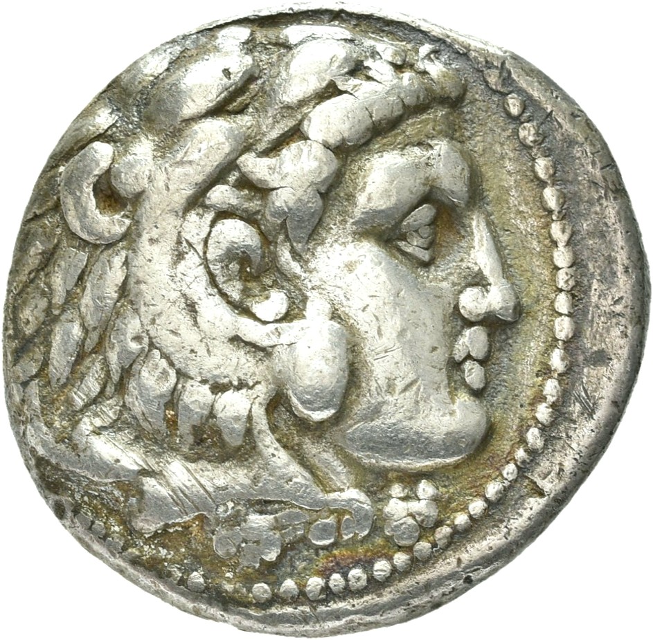 PRICE 3487 Alexander III obverse — Head of beardless Heracles right wearing lion skin headdress