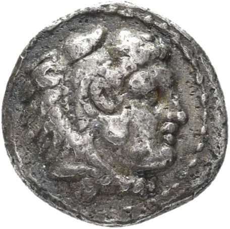 PRICE 3489 Alexander III obverse — Head of beardless Heracles right wearing lion skin headdress